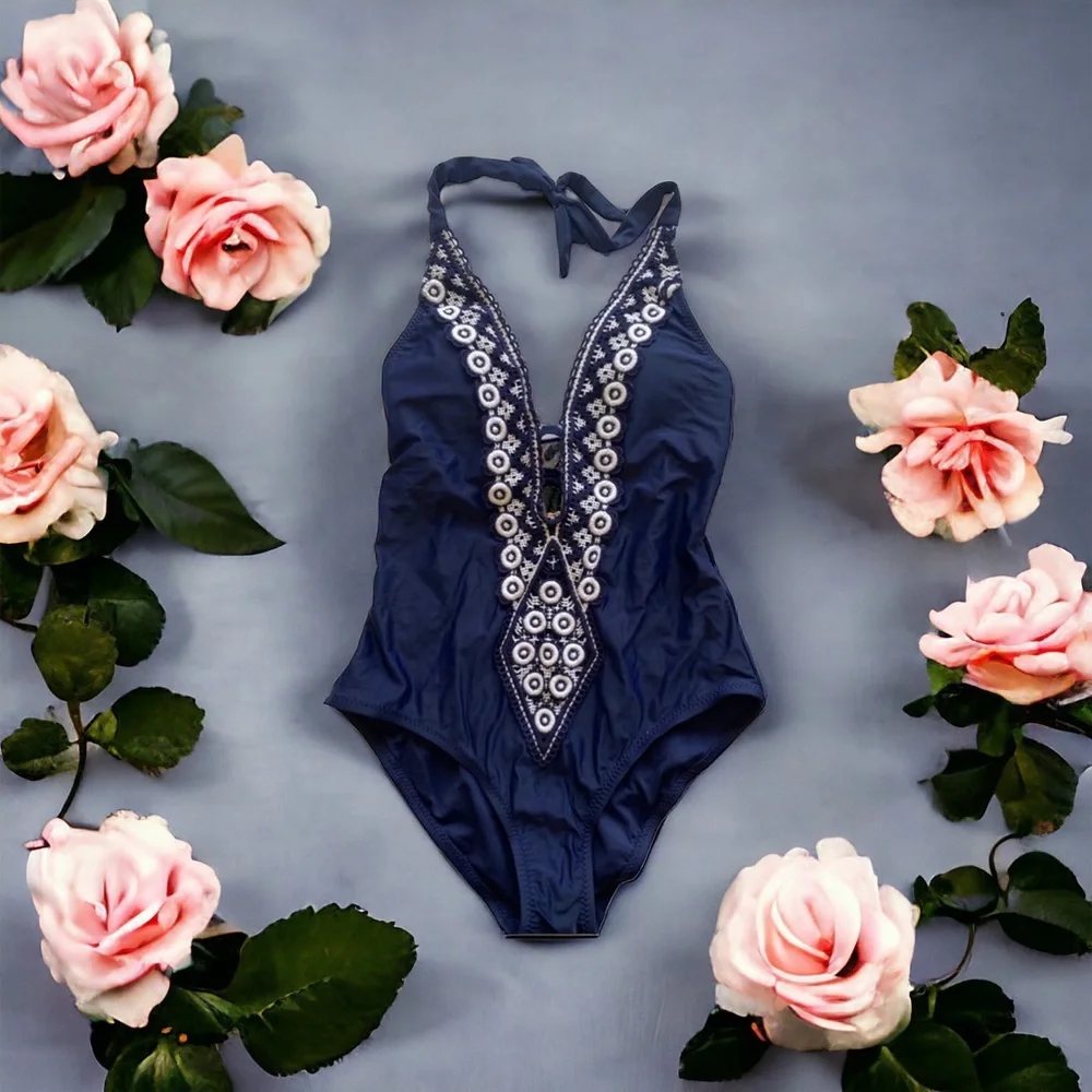 One Piece Navy‎ Blue Plunge Front Embroidered Low Back Halter Swimsuit Size M